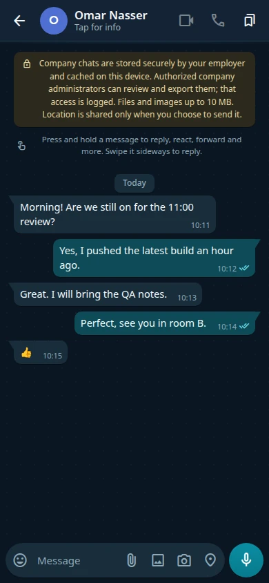 A chat with Omar Nasser: messages with read ticks and a thumbs-up, and buttons to start a video or voice call.